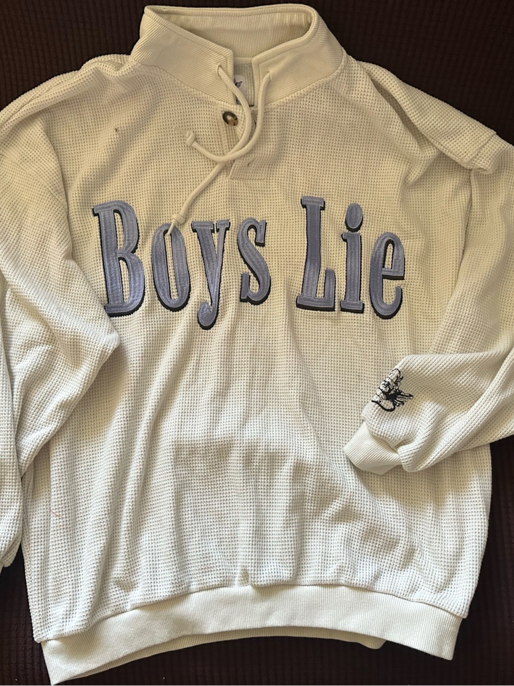 Boys Lie Cream Waffle-Knit Pullover with Blue Appliqué